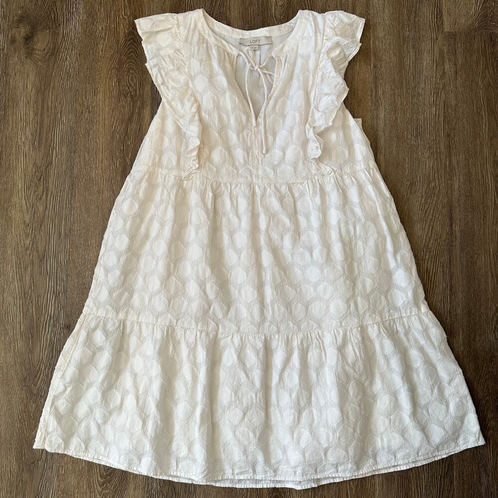 LOFT Shimmer Clip Textured Ruffle Tie Neck Gold Metallic Tiered Dress Womens M